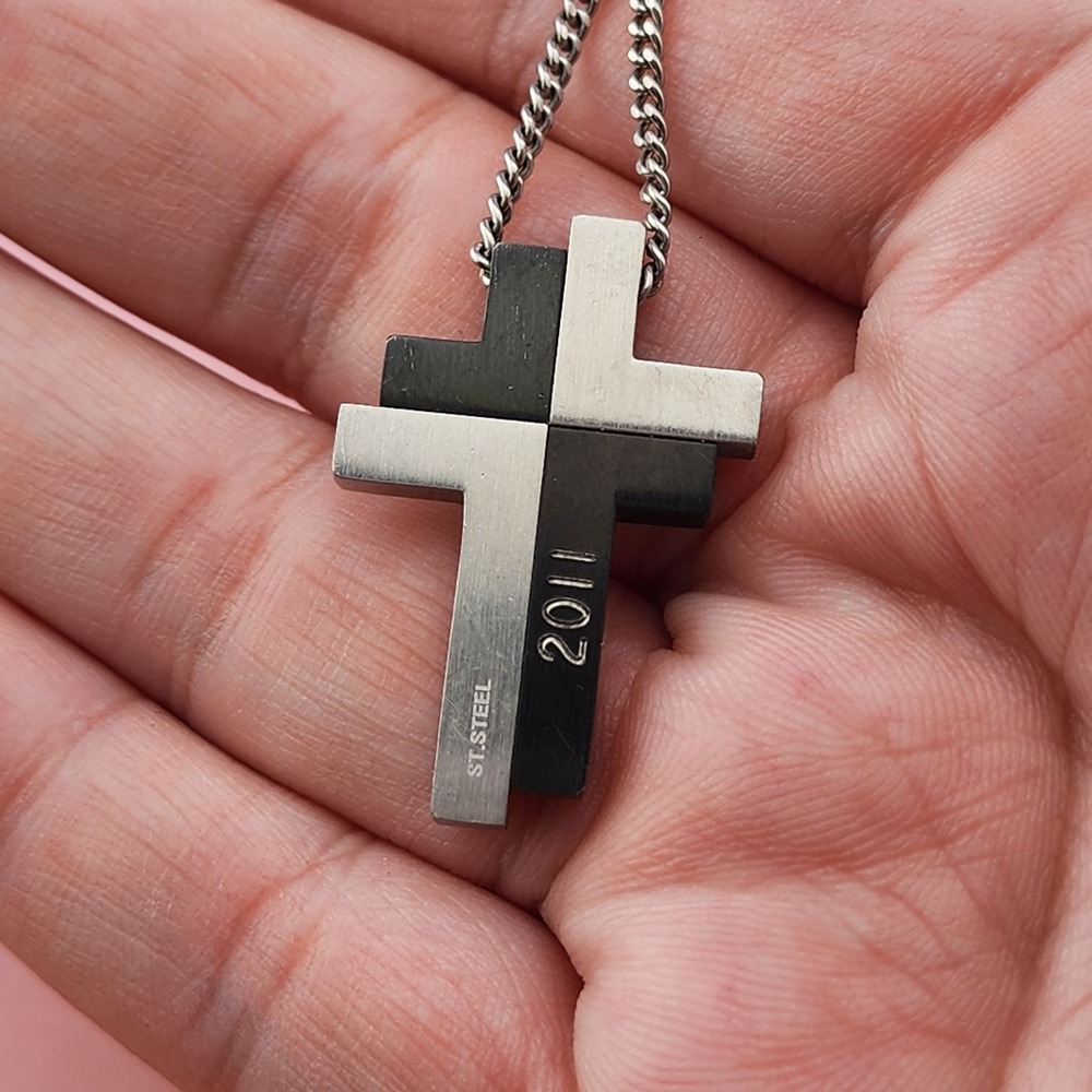 Stainless Steel Double Cross Pendant Necklace Black Silver Tone Chain Gothic